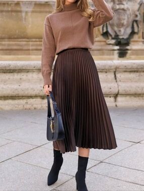 SHEIN Brown Pleated Midi Skirt with Side Zipper – Elegant A-Line Large